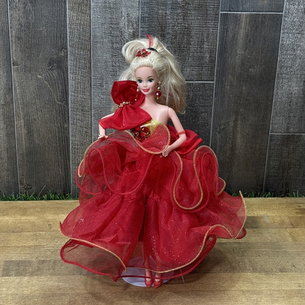1993 Happy Holidays Barbie Special Edition Mattel Red Gold Gown Doll Stand